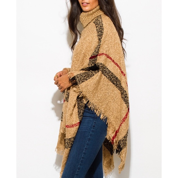 ❣️SALE❣️NEW!Fashion plaid poncho turtleneck in camel plaid - Picture 11 of 12